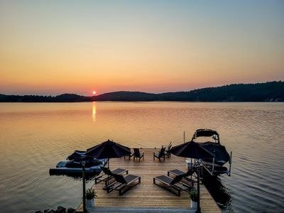 Boats prepared at a Muskoka dock at sunset